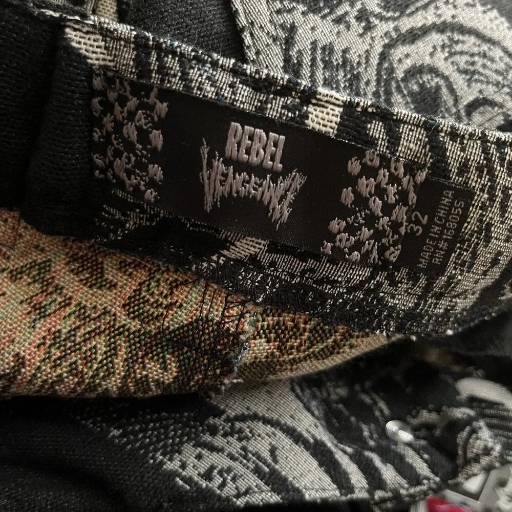 Rebel Vengeance Pants Mens 32x32 Black Flame Tapestry Cargo Gothic Stacked Fit